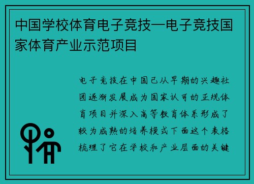 中国学校体育电子竞技—电子竞技国家体育产业示范项目