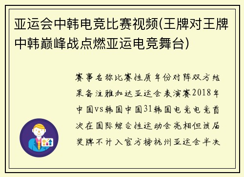 亚运会中韩电竞比赛视频(王牌对王牌中韩巅峰战点燃亚运电竞舞台)